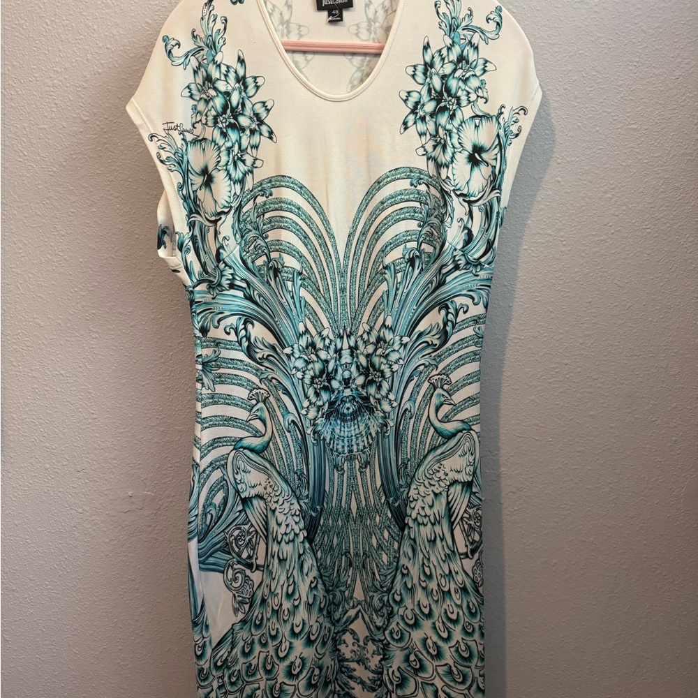 Just Cavalli White and Teal Peacock Dress